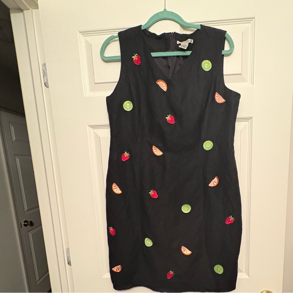 Vintage Jillian Jones Black Fruit Embroidered Mini Dress 14